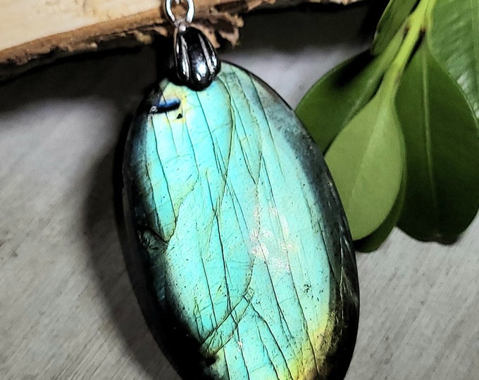 Natural Top Choice Blue Flash Labradorite Oval Cabochon .925 Sterling Silver Pendant 2 1/8" x 7/8" LB13 Sterling Silver Rhodium Plated Bail