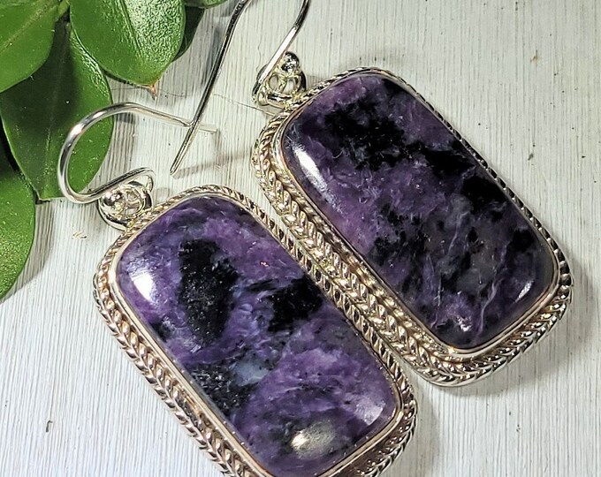 Natural AAA Grade Charoite Rectangle Handmade .925 Sterling Silver Earrings 13 Grams 1 5/8" x 5/8" AP27