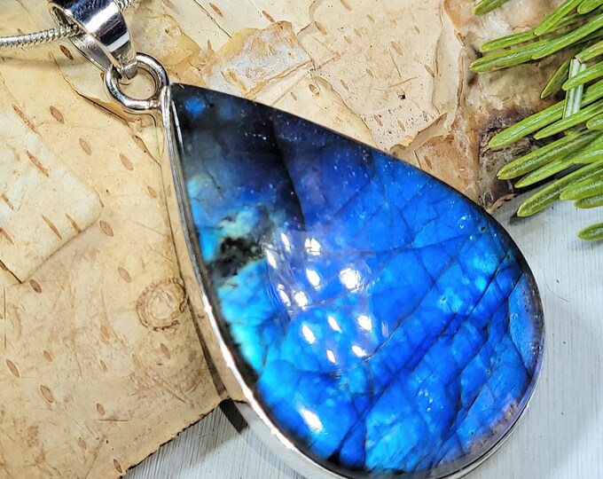 Natural High Grade Blue Labradorite Pear Handmade .925 Sterling Silver Pendant 2 1/8" x 1 1/8" 14 Grams AL42