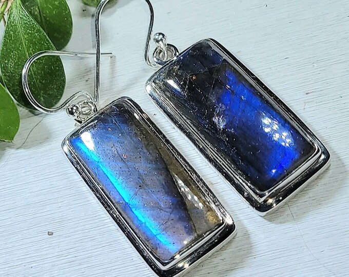 Natural Premium Grade Blue Labradorite Handmade .925 Sterling Silver Earrings 12 Grams 1 3/4" x 5/8" AQ20