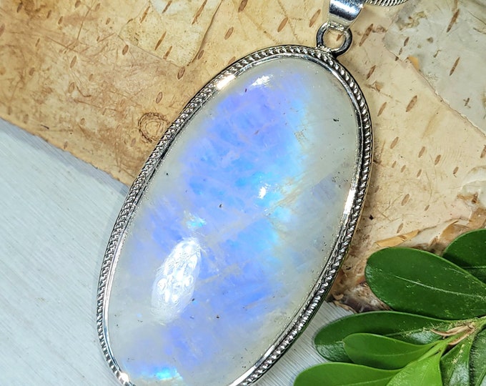 Natural Premium Huge Grade Multi Full Flash Oval Rainbow Moonstone .925 Sterling Silver Pendant Measures 2 3/8" x 1 1/8" 22 Grams CE39