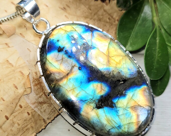 Natural Best Grade Multi Flash Labradorite Handmade Oval .925 Sterling Silver Pendant 2 1/8" x 1" 15 Grams CT26 Gift for Her