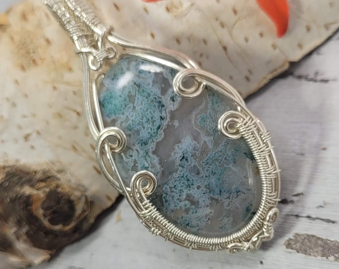 Moss Agate Pendant, Wire Wrapped Moss Agate Sterling Silver Pendant, Solid Sterling Wire wrapped, Gift for Her, Statement Pendant, FD20