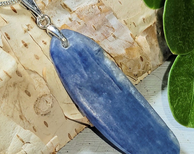 Natural Kyanite Oval Cabochon .925 Sterling Silver Pendant 1 7/8" x 1/2" EW15 Sterling Silver Custom Bail