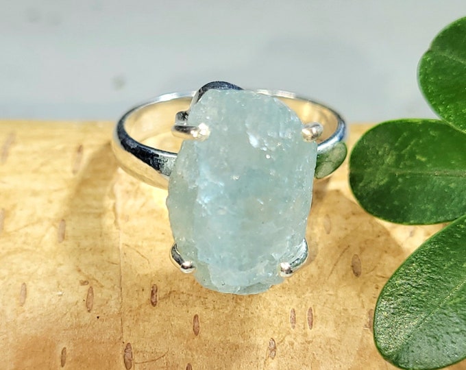 Natural Raw Rough Cut Aquamarine Handmade .925 Sterling Silver Ring Size 6 3/4 4.5 Grams 1/2" x 1/4" FW17