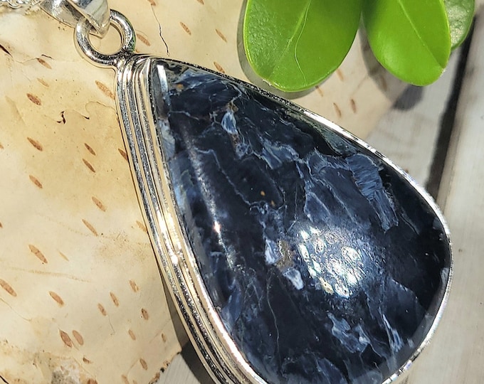 Natural High Grade Blue Pietersite .925 Sterling Silver Pendant 1 7/8" x 1" 11 Grams EK05