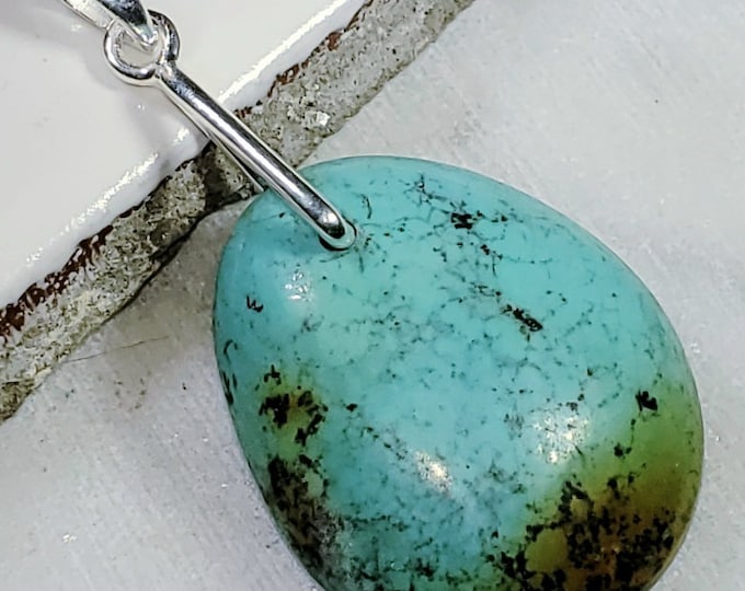 Natural Top Grade Tibet Turquoise Pear Cabochon .925 Sterling Silver Pendant 1 5/8" x 7/8" EB23 Heavy Duty Sterling Silver Bail