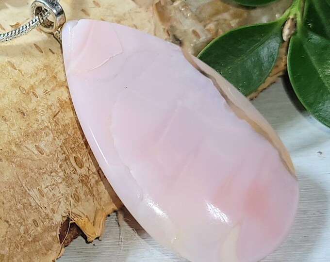 Natural Premium Grade Rare Peru Pink Opal Cabochon .925 Sterling Silver Pendant 1 3/4" x 7/8" CD40 Sterling Silver Bail