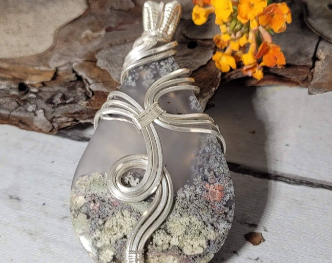 Natural Moss Agate Pendant,  Wire Wrapped .925 Silver Pendant, Sterling Silver Wire Wrapped pendants, Handmade Stone Jewelry DB06