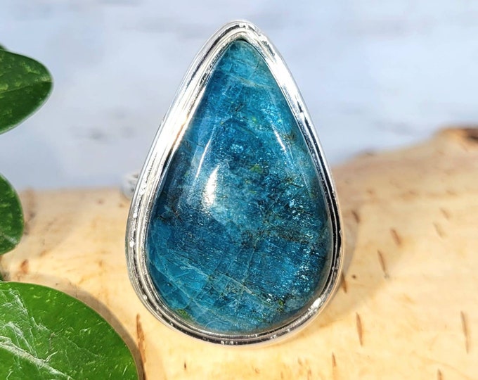 Natural Large Premium Quality Pear Apatite .925 Sterling Silver Ring Size 9 Gift for Her DD