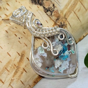 Natural Chalcedony, Copper Chrysocolla Heart Wire Wrapped .925 Silver Pendant, Sterling Silver Hand Wire Wrapped Pendants, Handmade DP02