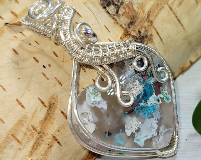 Natural Chalcedony, Copper Chrysocolla Heart Wire Wrapped .925 Silver Pendant, Sterling Silver Hand Wire Wrapped Pendants, Handmade DP02