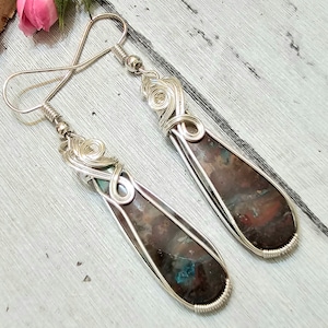 Moss Agate Earrings, Moss Agate Wire Wrapped Earrings, Sterling Silver Wire Wrapped Earrings, Green Moss Agate Wire Wrap Earrings FS46