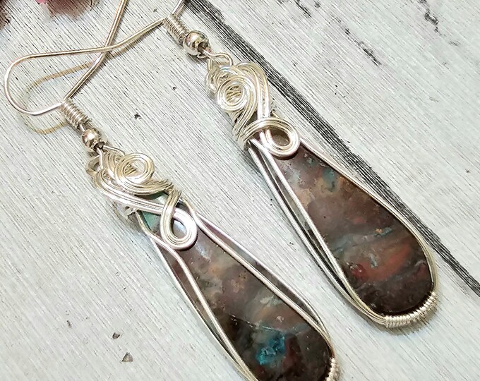 Moss Agate Earrings, Moss Agate Wire Wrapped Earrings, Sterling Silver Wire Wrapped Earrings, Green Moss Agate Wire Wrap Earrings FS46