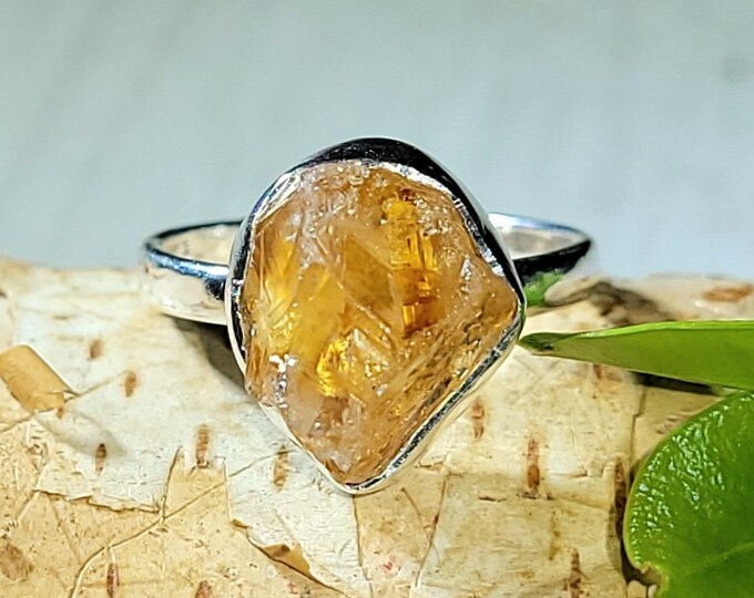 Natural Golden Orange Raw Rough Cut Citrine Handmade .925 Sterling Silver Ring Size 6.5 4 Grams 9/16" x 1/2" CB40
