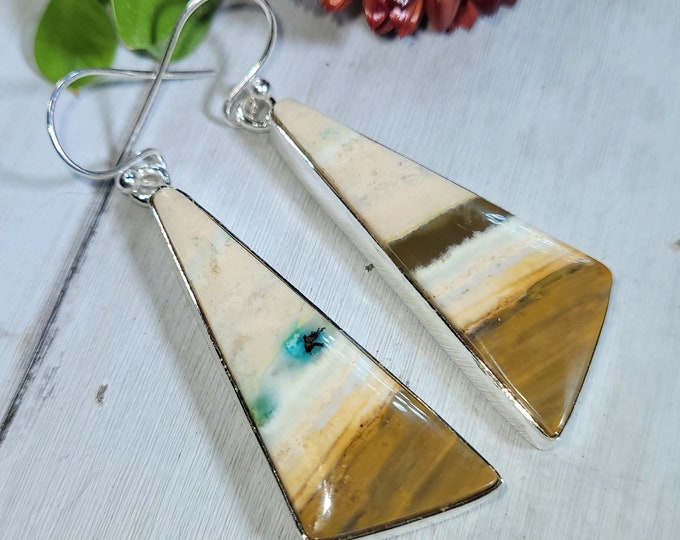 Natural High Grade Multi Color Opalized Wood Handmade .925 Sterling Silver Earrings, Petrified Wood Earrings, Blue opalized Earrings