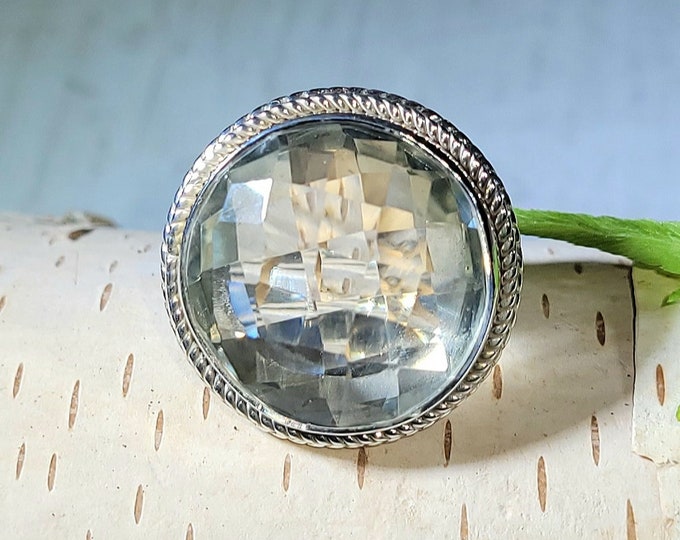 Natural Rose Cut Green Amethyst  .925 Sterling Silver Ring Size 8 8 Grams 7/8" Round AJ43 Completely Eye Clean Stone