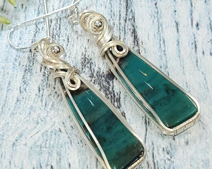 Blue Opalized Earrings, Petrified Wood Earrings, Sterling Silver Wire Wrapped Opalized Earrings, Sterling Silver Blue Opal Earrings JF12