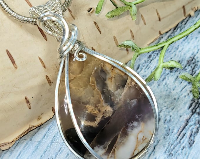 Blue Common Opalized Wood Pendant, Blue Common Opalized Wood Wire Wrapped Sterling Silver Pendant, Hand Wire Wrapped Pendant, JA18