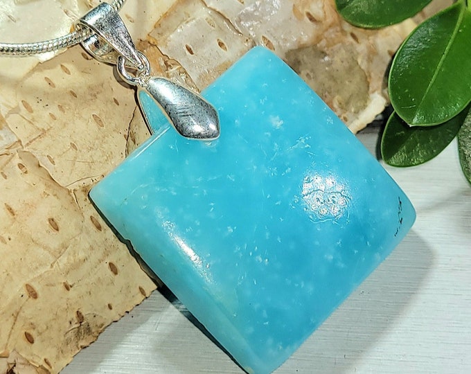 Natural Rare AAA Hemimorphite Handmade Square Cabochon .925 Sterling Silver Pendant 1 5/8" x 1" 10 Grams AE21 Solid Sterling Silver Bail