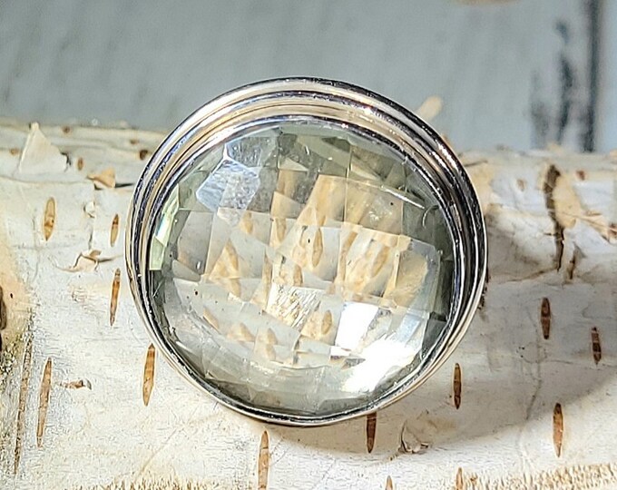 Natural Checkerboard Cut Green Amethyst  .925 Sterling Silver Ring Size 7.5 8 Grams 7/8" Round AH35 VS Clarity!