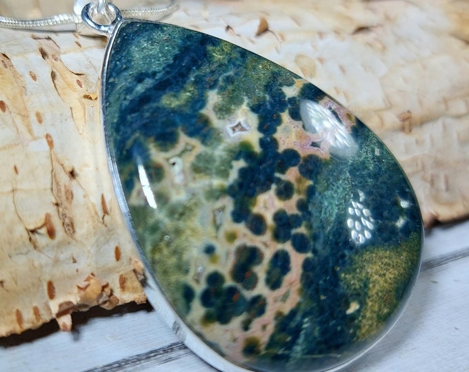 Natural Premium Grade Ocean Jasper Handmade Pear-Shaped Pendant .925 Sterling Silver Setting Pendant GM15