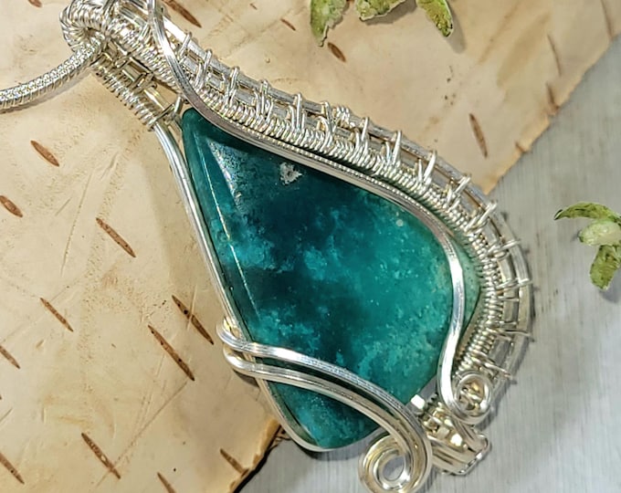 Blue Opalized Wood Pendant, Blue Opalized Wood Sterling Silver Wire Wrapped Pendant, Handmade Opalized Wood Pendant, Statement Pendant, HX03