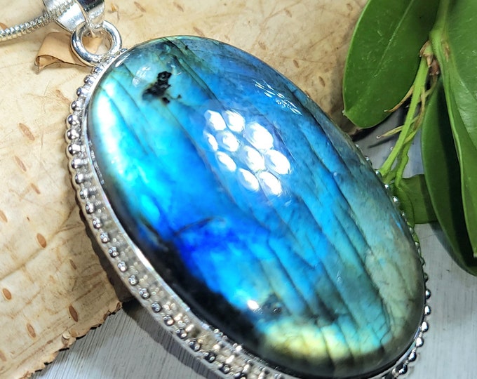 Natural High Grade Blue Flash Labradorite Oval Handmade .925 Sterling Silver Pendant 2 1/8" x 1 1/8" 16 Grams CS34 Gift for Her