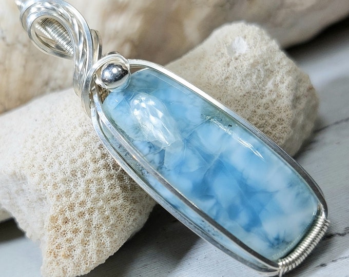 Natural Premium Grade Larimar Hand Wrapped .925 Sterling Silver Pendant 5/8" x 2" , 9 grams, Handmade Wrapped Solid Sterling Silver GG37