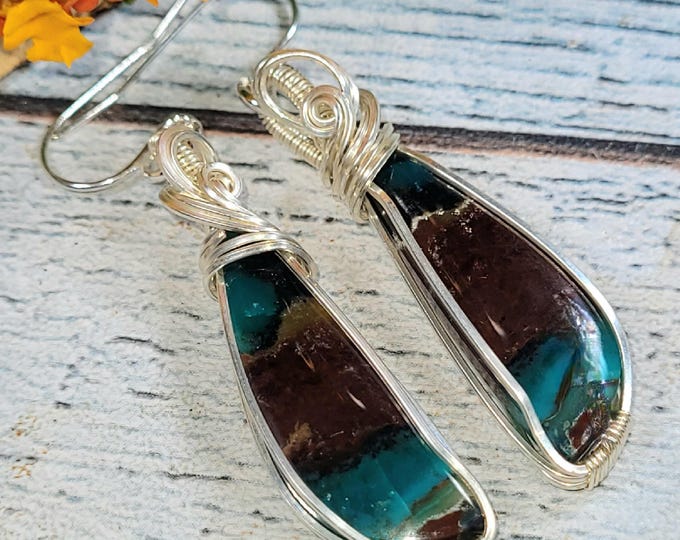 Blue Opalized Wood Earrings: Sterling Silver Wire Wrapped, Handmade JC50