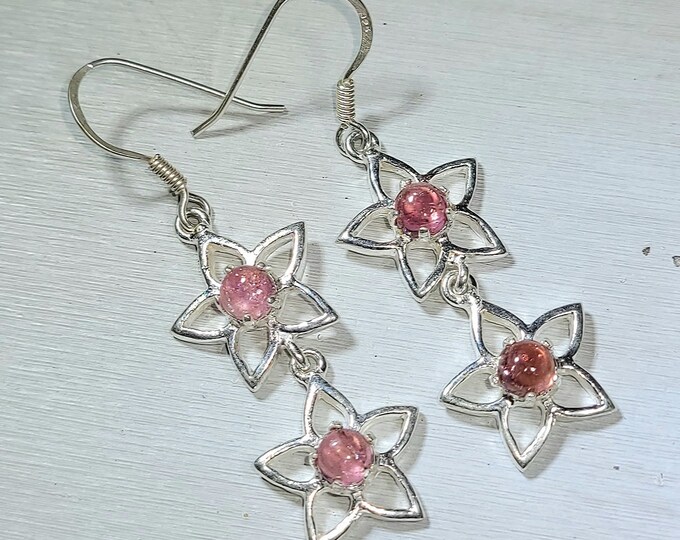 Natural Pink Tourmaline .925 Sterling Silver Earrings 6 Grams 2" x 5/8" N07