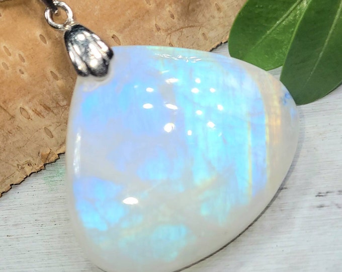 Moonstone Pendant, Rainbow Moonstone Pear Cabochon Sterling Silver Pendant, Full Multi Flash Moonstone, Gift for Her, Handmade Pendant, DS51