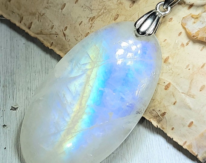 Natural High Grade Rainbow Moonstone Oval Cabochon .925 Sterling Silver Pendant Rhodium Plated Sterling Silver Bail  1 7/8" x 13/16" EX30