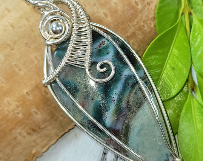 Natural Polychrome Jasper Pear Wire Wrapped .925 Silver Pendant, Sterling Silver Wire Wrapped pendants, Handmade Stone Jewelry FE25