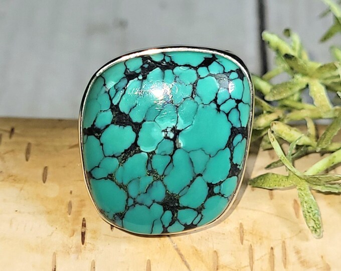 Tibetan Turquoise Sterling Silver Ring, Turquoise Boho Ring, Statement Ring; Handmade Ring, Premium Tibet Turquoise, Quality Ring Size 8 HP