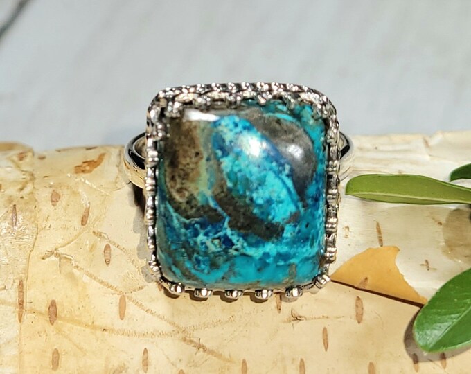 Natural Rare Shattuckite Handmade Square .925 Crown Prong Sterling Silver Ring Size 7 5 Grams Face 5/8" x 5/8" CA10