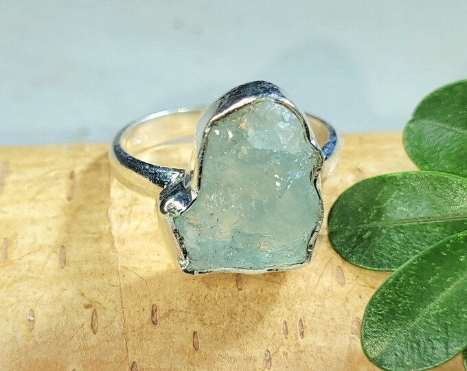 Natural Raw Rough Cut Aquamarine Handmade .925 Sterling Silver Ring Size 8  4.3 Grams 5/8" x 1/2" FW22