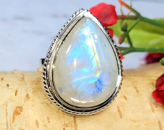 Rainbow Moonstone Ring, Moonstone Ring, Moonstone Sterling Silver Ring Size 6.25, Statement Ring, Handmade Ring, Boho Ring DJ Gift for Her