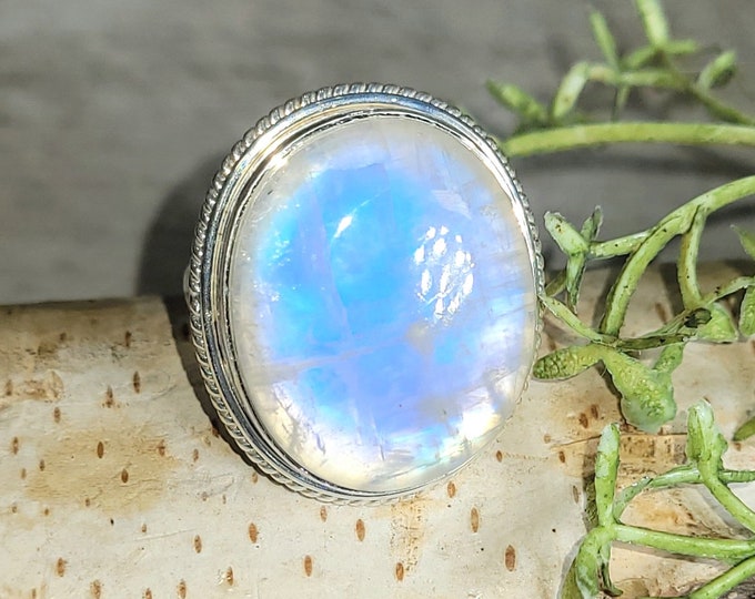 Rainbow Moonstone Ring, Moonstone Ring, Sterling Silver Moonstone Ring, Moonstone Ring Size 9, Statement Ring, Boho Ring, GJ