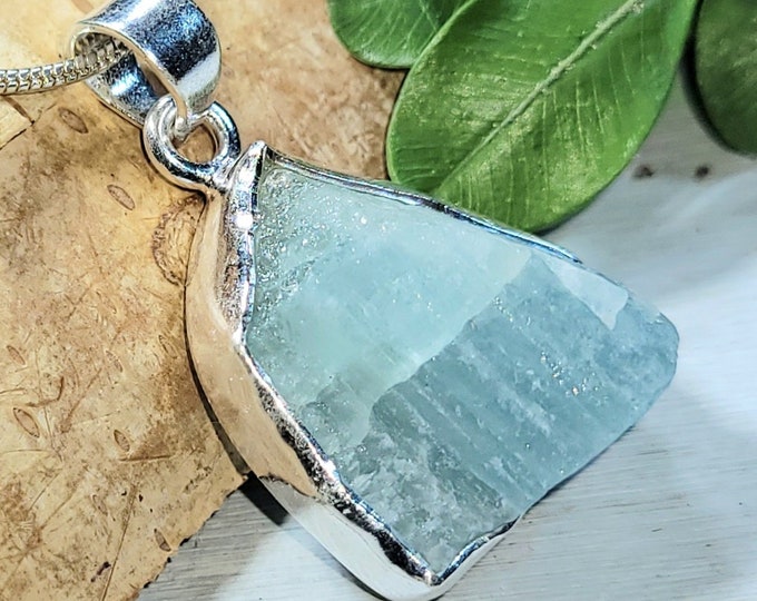 Natural Genuine Raw Aquamarine Rough Cut Handcrafted  .925 Sterling Silver Pendant 1 1/4" X 3/4" 7 Grams CG24 Gift for Her