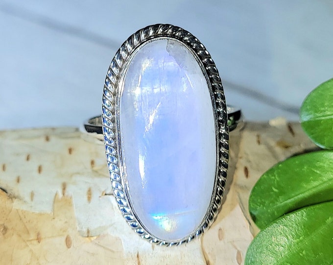 Natural Premium Grade Oval Moonstone .925 Sterling Silver Ring Size 8.5 7 Grams 1 1/8" x 5/6" EX47