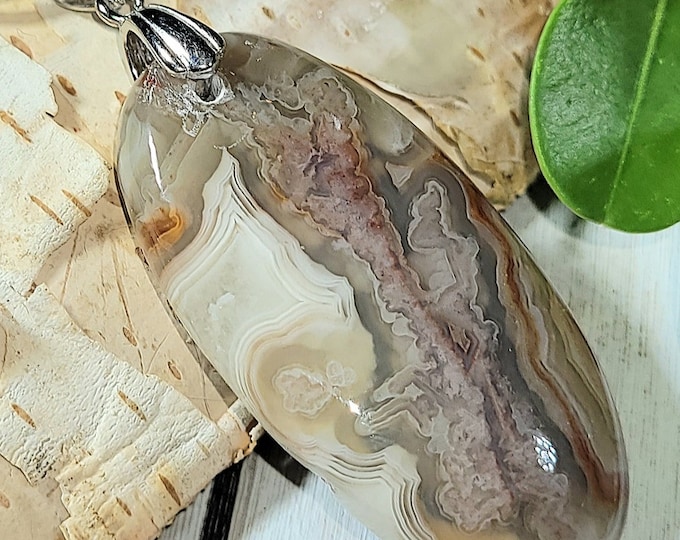 Natural AA Crazy Lace Agate Cabochon Pendant .925 Sterling Silver Pendant 2 1/4" x 7/8" ES08 Rhodium Plated Bail