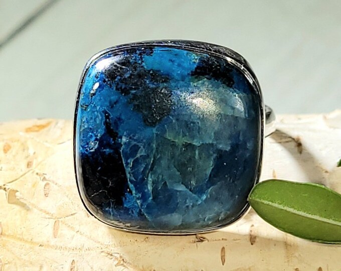 Natural Rare Shattuckite Handmade Cushion .925 Sterling Silver Ring Size 7.5 7 Grams Face 5/8" x 5/8" AT33