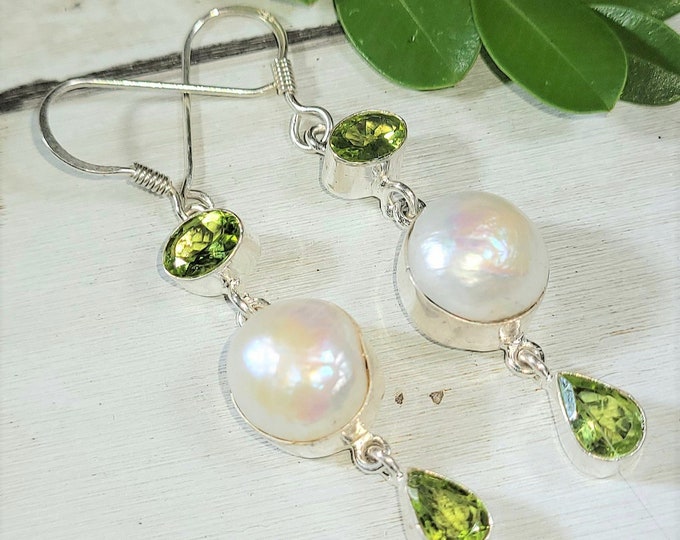 Natural White Freshwater Pearl, Peridot .925 Sterling Silver Earrings 10 Grams 2 1/4" x 1/2" E22