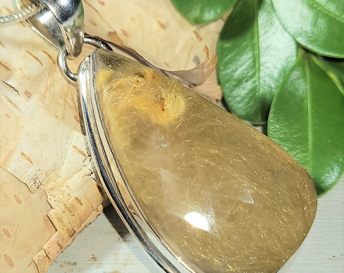 Natural Rose Cut Golden Rutilated Quartz .925 Sterling Silver Pendant 1 13/16" x 13/16" 11 Grams C18