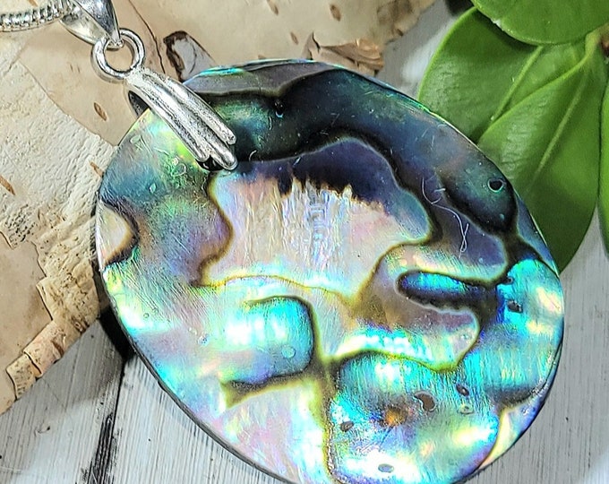 Natural Multi Color High Grade Abalone Cabochon .925 Sterling Silver Pendant Custom Fit Bail  1 3/4" x 1" EU39