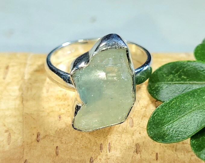 Natural Raw Rough Cut Aquamarine Handmade .925 Sterling Silver Ring Size 6 1/2  4.4 Grams 1/2" x 3/8" FW23