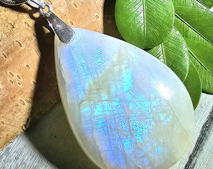 Moonstone Pendant, Rainbow Moonstone Pear Cabochon Sterling Silver Pendant, Multi Color Flash, Gift for Her, Handmade Pendant, FL45