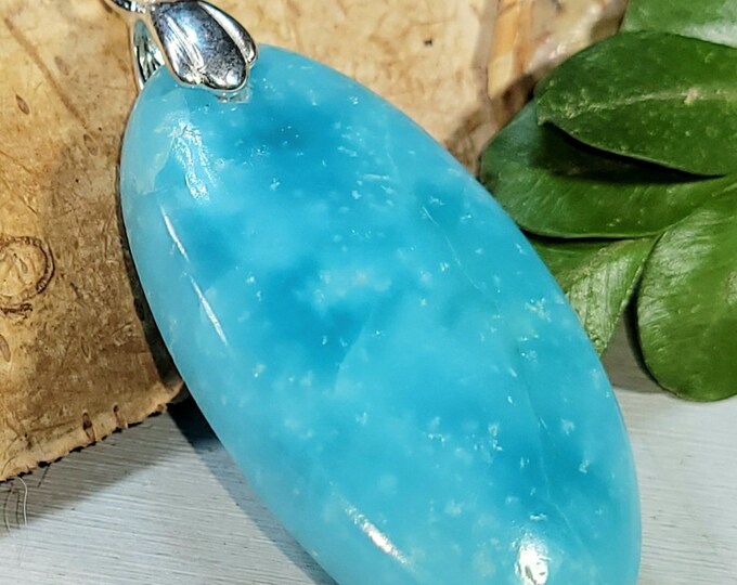 Natural AAA Hemimorphite Oval Cabochon .925 Sterling Silver Pendant Rhodium Dipped Solid Sterling Silver Bail Gift for Her Genuine Stone