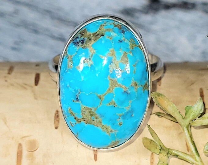 Arizona Turquoise Sterling Silver Ring Size 8.75, Oval Arizona Turquoise Ring; JS